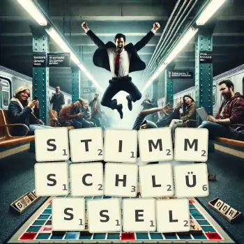 Kreative Illustration für ein Scrabble-Spiel, bei dem das Wort STIMMSCHLÜSSEL mit Steinen auf dem Brett gelegt wurde.