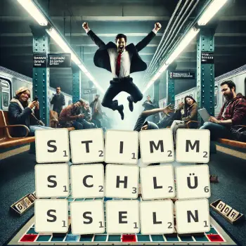 Kreative Illustration für ein Scrabble-Spiel, bei dem das Wort STIMMSCHLÜSSELN mit Steinen auf dem Brett gelegt wurde.