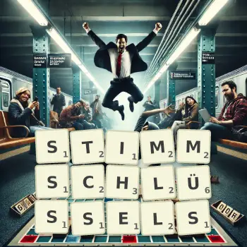Kreative Illustration für ein Scrabble-Spiel, bei dem das Wort STIMMSCHLÜSSELS mit Steinen auf dem Brett gelegt wurde.