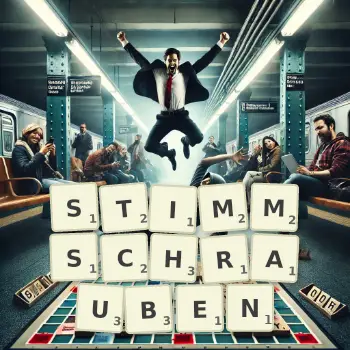 Kreative Illustration für ein Scrabble-Spiel, bei dem das Wort STIMMSCHRAUBEN mit Steinen auf dem Brett gelegt wurde.