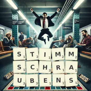 Kreative Illustration für ein Scrabble-Spiel, bei dem das Wort STIMMSCHRAUBENS mit Steinen auf dem Brett gelegt wurde.