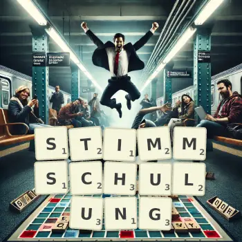 Kreative Illustration für ein Scrabble-Spiel, bei dem das Wort STIMMSCHULUNG mit Steinen auf dem Brett gelegt wurde.