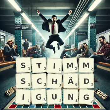 Kreative Illustration für ein Scrabble-Spiel, bei dem das Wort STIMMSCHÄDIGUNG mit Steinen auf dem Brett gelegt wurde.