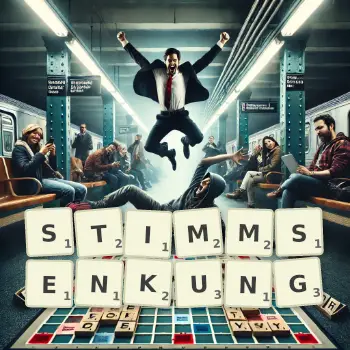 Kreative Illustration für ein Scrabble-Spiel, bei dem das Wort STIMMSENKUNG mit Steinen auf dem Brett gelegt wurde.