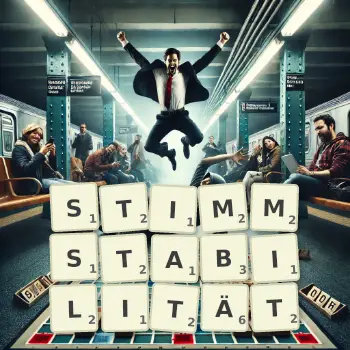 Kreative Illustration für ein Scrabble-Spiel, bei dem das Wort STIMMSTABILITÄT mit Steinen auf dem Brett gelegt wurde.