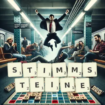 Kreative Illustration für ein Scrabble-Spiel, bei dem das Wort STIMMSTEINE mit Steinen auf dem Brett gelegt wurde.