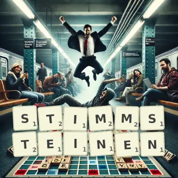 Kreative Illustration für ein Scrabble-Spiel, bei dem das Wort STIMMSTEINEN mit Steinen auf dem Brett gelegt wurde.
