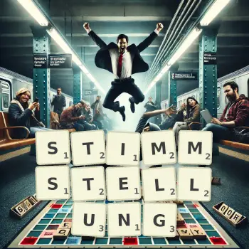 Kreative Illustration für ein Scrabble-Spiel, bei dem das Wort STIMMSTELLUNG mit Steinen auf dem Brett gelegt wurde.