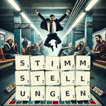 Kreative Illustration für ein Scrabble-Spiel, bei dem das Wort STIMMSTELLUNGEN mit Steinen auf dem Brett gelegt wurde.