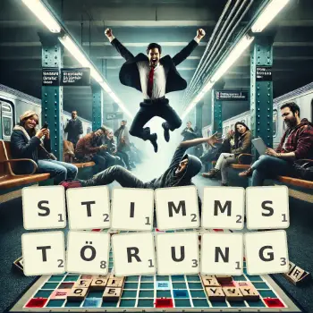 Kreative Illustration für ein Scrabble-Spiel, bei dem das Wort STIMMSTÖRUNG mit Steinen auf dem Brett gelegt wurde.