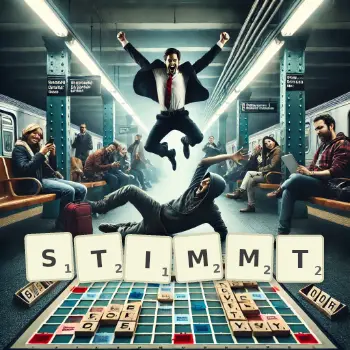 Kreative Illustration für ein Scrabble-Spiel, bei dem das Wort STIMMT mit Steinen auf dem Brett gelegt wurde.