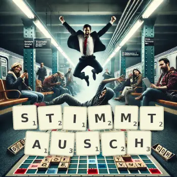 Kreative Illustration für ein Scrabble-Spiel, bei dem das Wort STIMMTAUSCH mit Steinen auf dem Brett gelegt wurde.