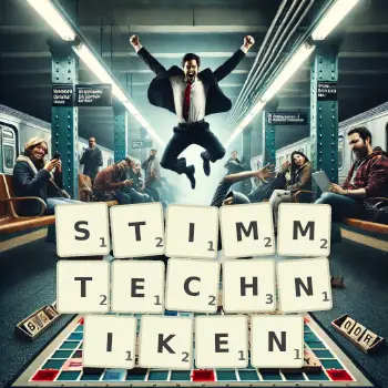 Kreative Illustration für ein Scrabble-Spiel, bei dem das Wort STIMMTECHNIKEN mit Steinen auf dem Brett gelegt wurde.