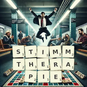 Kreative Illustration für ein Scrabble-Spiel, bei dem das Wort STIMMTHERAPIE mit Steinen auf dem Brett gelegt wurde.