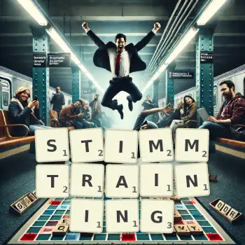 Kreative Illustration für ein Scrabble-Spiel, bei dem das Wort STIMMTRAINING mit Steinen auf dem Brett gelegt wurde.