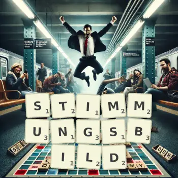 Kreative Illustration für ein Scrabble-Spiel, bei dem das Wort STIMMUNGSBILD mit Steinen auf dem Brett gelegt wurde.