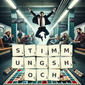 Kreative Illustration für ein Scrabble-Spiel, bei dem das Wort STIMMUNGSHOCH mit Steinen auf dem Brett gelegt wurde.