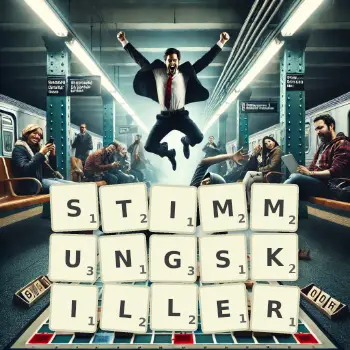 Kreative Illustration für ein Scrabble-Spiel, bei dem das Wort STIMMUNGSKILLER mit Steinen auf dem Brett gelegt wurde.