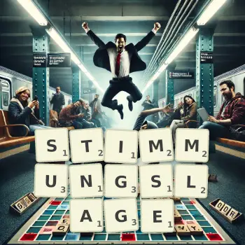 Kreative Illustration für ein Scrabble-Spiel, bei dem das Wort STIMMUNGSLAGE mit Steinen auf dem Brett gelegt wurde.