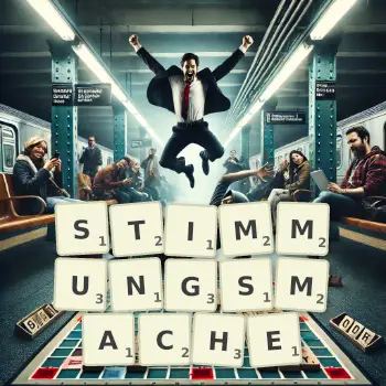 Kreative Illustration für ein Scrabble-Spiel, bei dem das Wort STIMMUNGSMACHE mit Steinen auf dem Brett gelegt wurde.