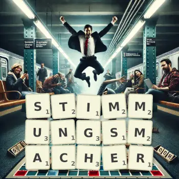 Kreative Illustration für ein Scrabble-Spiel, bei dem das Wort STIMMUNGSMACHER mit Steinen auf dem Brett gelegt wurde.