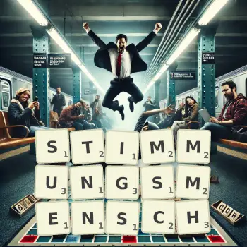 Kreative Illustration für ein Scrabble-Spiel, bei dem das Wort STIMMUNGSMENSCH mit Steinen auf dem Brett gelegt wurde.
