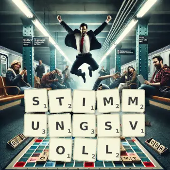 Kreative Illustration für ein Scrabble-Spiel, bei dem das Wort STIMMUNGSVOLL mit Steinen auf dem Brett gelegt wurde.