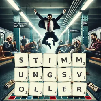 Kreative Illustration für ein Scrabble-Spiel, bei dem das Wort STIMMUNGSVOLLER mit Steinen auf dem Brett gelegt wurde.