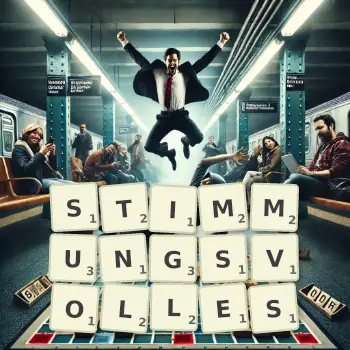 Kreative Illustration für ein Scrabble-Spiel, bei dem das Wort STIMMUNGSVOLLES mit Steinen auf dem Brett gelegt wurde.