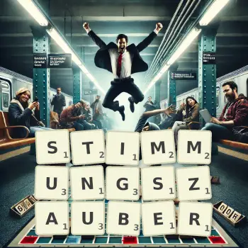 Kreative Illustration für ein Scrabble-Spiel, bei dem das Wort STIMMUNGSZAUBER mit Steinen auf dem Brett gelegt wurde.