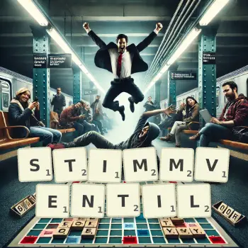 Kreative Illustration für ein Scrabble-Spiel, bei dem das Wort STIMMVENTIL mit Steinen auf dem Brett gelegt wurde.