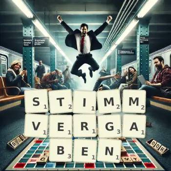 Kreative Illustration für ein Scrabble-Spiel, bei dem das Wort STIMMVERGABEN mit Steinen auf dem Brett gelegt wurde.