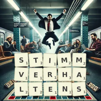 Kreative Illustration für ein Scrabble-Spiel, bei dem das Wort STIMMVERHALTENS mit Steinen auf dem Brett gelegt wurde.