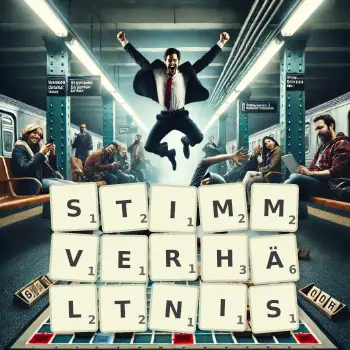 Kreative Illustration für ein Scrabble-Spiel, bei dem das Wort STIMMVERHÄLTNIS mit Steinen auf dem Brett gelegt wurde.