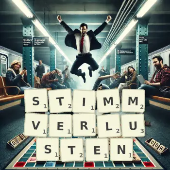 Kreative Illustration für ein Scrabble-Spiel, bei dem das Wort STIMMVERLUSTEN mit Steinen auf dem Brett gelegt wurde.