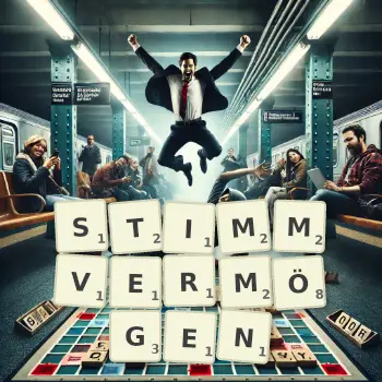 Kreative Illustration für ein Scrabble-Spiel, bei dem das Wort STIMMVERMÖGEN mit Steinen auf dem Brett gelegt wurde.