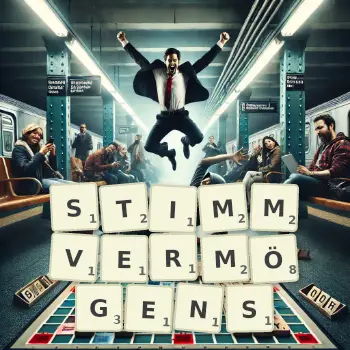 Kreative Illustration für ein Scrabble-Spiel, bei dem das Wort STIMMVERMÖGENS mit Steinen auf dem Brett gelegt wurde.
