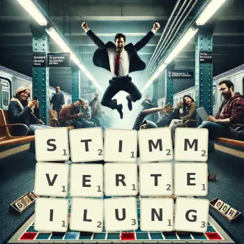 Kreative Illustration für ein Scrabble-Spiel, bei dem das Wort STIMMVERTEILUNG mit Steinen auf dem Brett gelegt wurde.