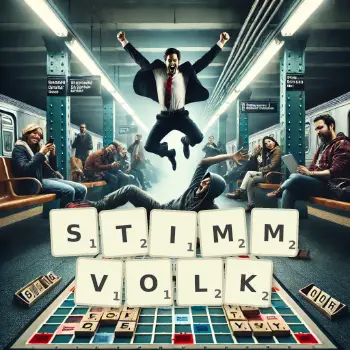 Kreative Illustration für ein Scrabble-Spiel, bei dem das Wort STIMMVOLK mit Steinen auf dem Brett gelegt wurde.