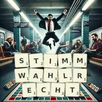 Kreative Illustration für ein Scrabble-Spiel, bei dem das Wort STIMMWAHLRECHT mit Steinen auf dem Brett gelegt wurde.