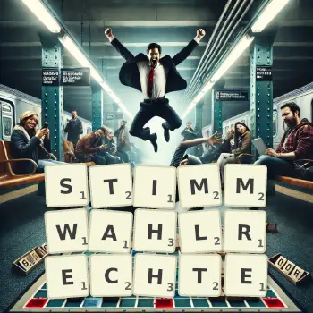 Kreative Illustration für ein Scrabble-Spiel, bei dem das Wort STIMMWAHLRECHTE mit Steinen auf dem Brett gelegt wurde.