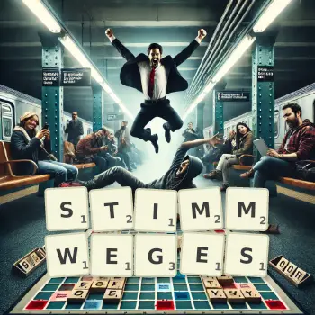 Kreative Illustration für ein Scrabble-Spiel, bei dem das Wort STIMMWEGES mit Steinen auf dem Brett gelegt wurde.
