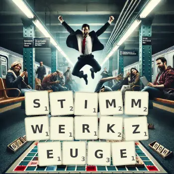 Kreative Illustration für ein Scrabble-Spiel, bei dem das Wort STIMMWERKZEUGE mit Steinen auf dem Brett gelegt wurde.