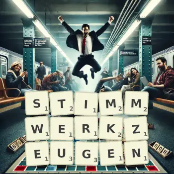 Kreative Illustration für ein Scrabble-Spiel, bei dem das Wort STIMMWERKZEUGEN mit Steinen auf dem Brett gelegt wurde.