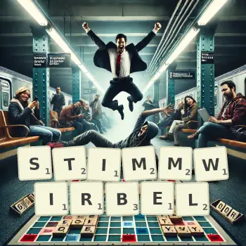 Kreative Illustration für ein Scrabble-Spiel, bei dem das Wort STIMMWIRBEL mit Steinen auf dem Brett gelegt wurde.