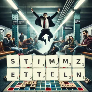 Kreative Illustration für ein Scrabble-Spiel, bei dem das Wort STIMMZETTELN mit Steinen auf dem Brett gelegt wurde.