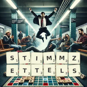 Kreative Illustration für ein Scrabble-Spiel, bei dem das Wort STIMMZETTELS mit Steinen auf dem Brett gelegt wurde.