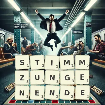 Kreative Illustration für ein Scrabble-Spiel, bei dem das Wort STIMMZUNGENENDE mit Steinen auf dem Brett gelegt wurde.