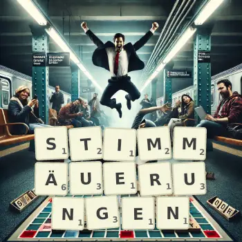 Kreative Illustration für ein Scrabble-Spiel, bei dem das Wort STIMMÄUERUNGEN mit Steinen auf dem Brett gelegt wurde.