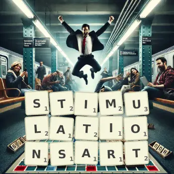 Kreative Illustration für ein Scrabble-Spiel, bei dem das Wort STIMULATIONSART mit Steinen auf dem Brett gelegt wurde.